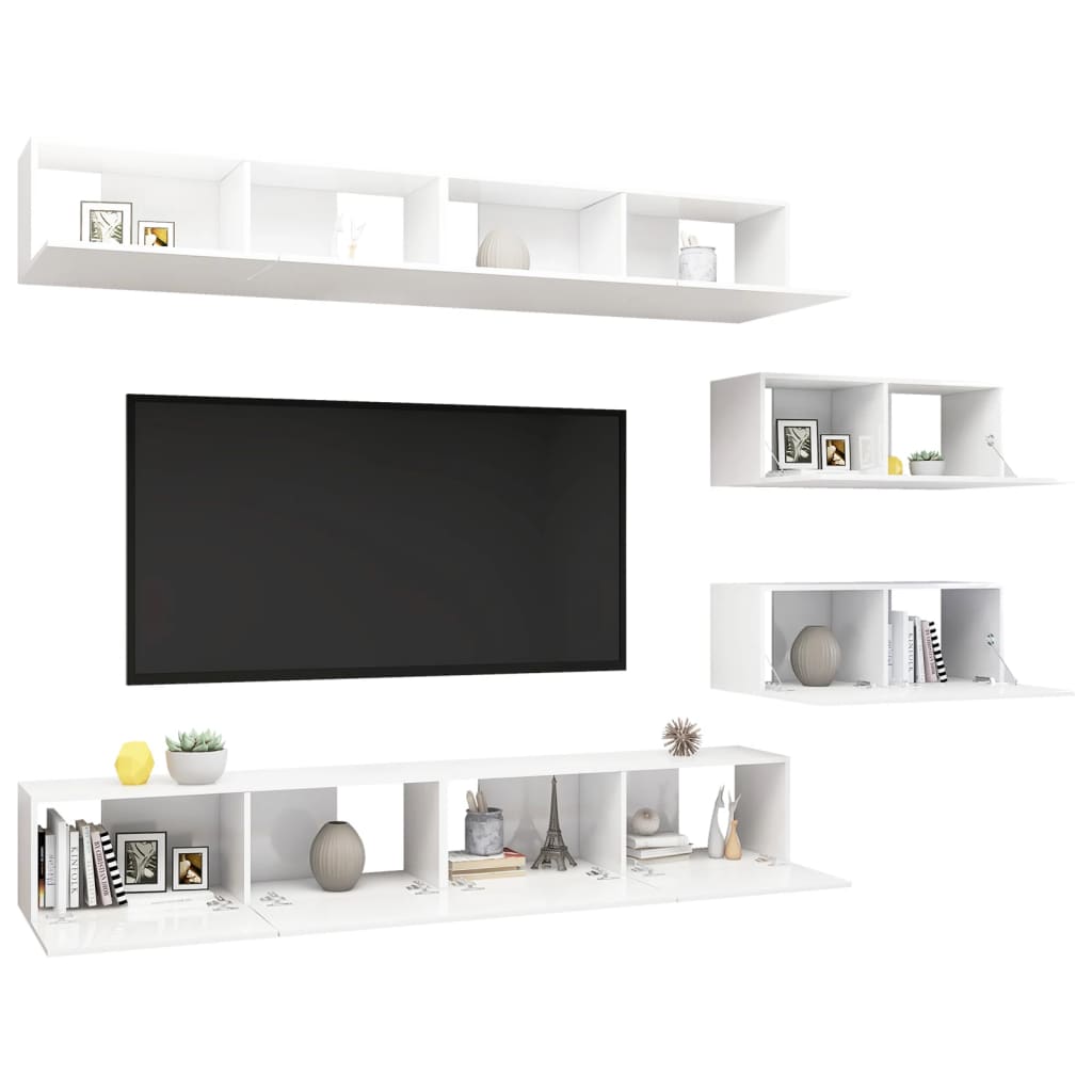 6 pcs conjunto de móveis de TV contraplacado branco brilhante