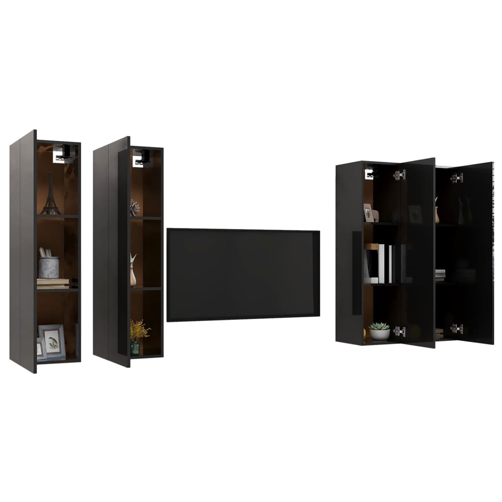 Móveis de TV 4 pcs 30,5x30x110 cm contraplacado preto brilhante