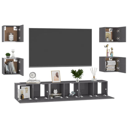 7 pcs conjunto de móveis de TV contraplacado cinzento brilhante