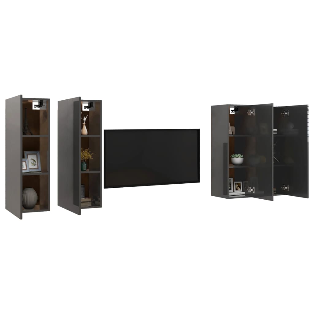 Móveis de TV 4 pcs 30,5x30x90 cm contraplacado cinza brilhante