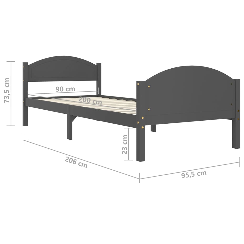 Estrutura de cama 90x200 cm madeira pinho maciço cinza-escuro