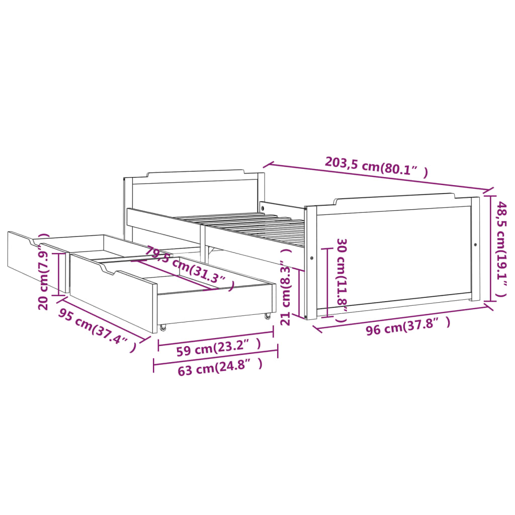 Estrutura de cama com gavetas 90x200 cm pinho maciço