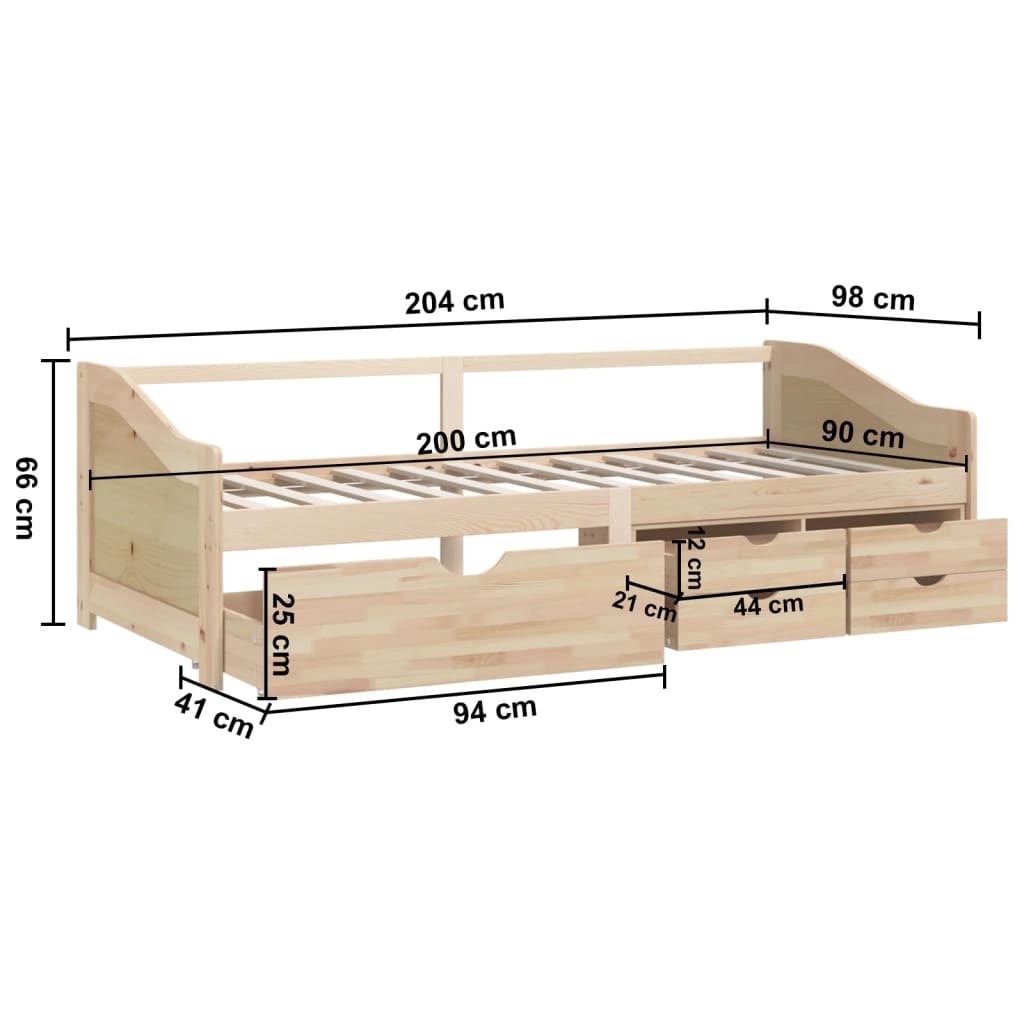 Sofá-cama de 3 lugares com gavetas 90x200 cm pinho maciço