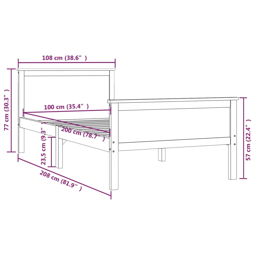 Estrutura de cama 100x200 cm pinho maciço