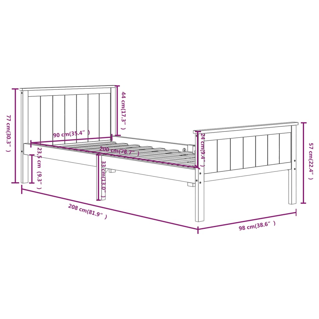 Estrutura de cama 90x200 cm pinho maciço castanho-escuro