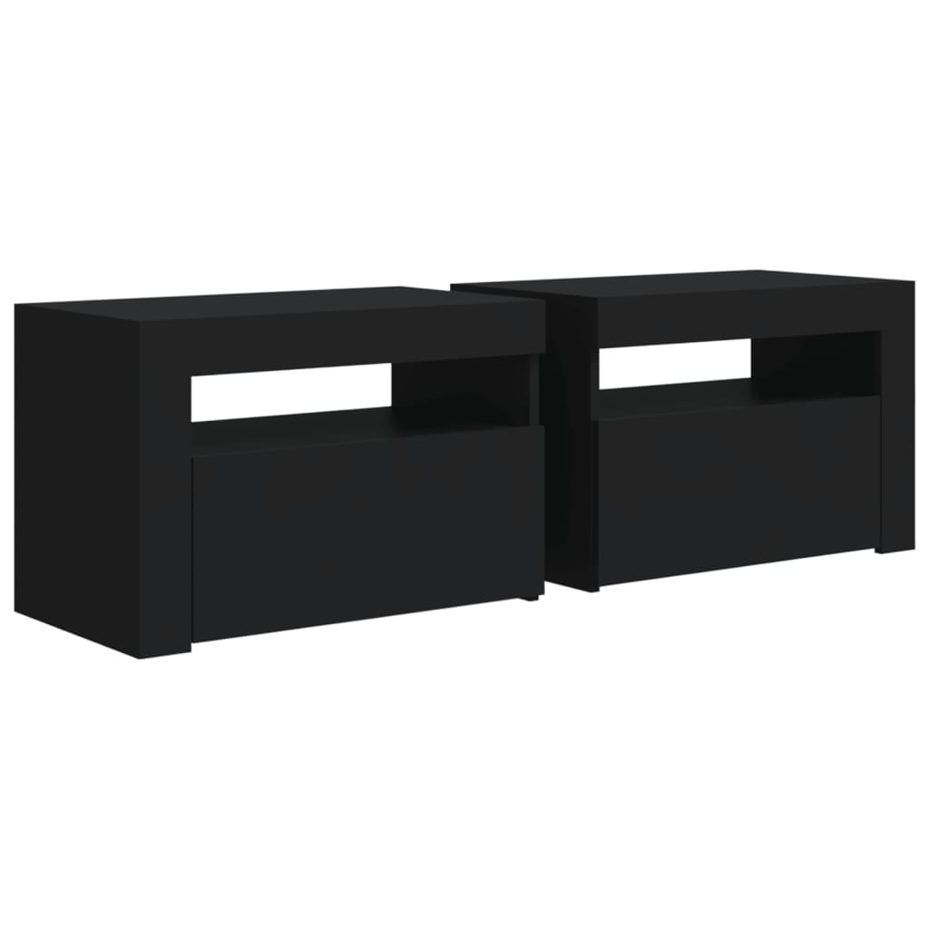 Mesas cabeceira c/ luzes LED 2 pcs 60x35x40 cm preto