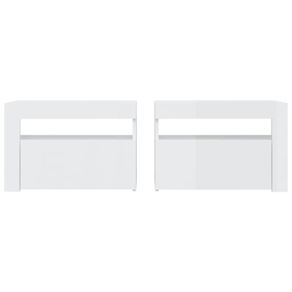 Mesas cabeceira c/ luzes LED 2 pcs 60x35x40 cm branco brilhante