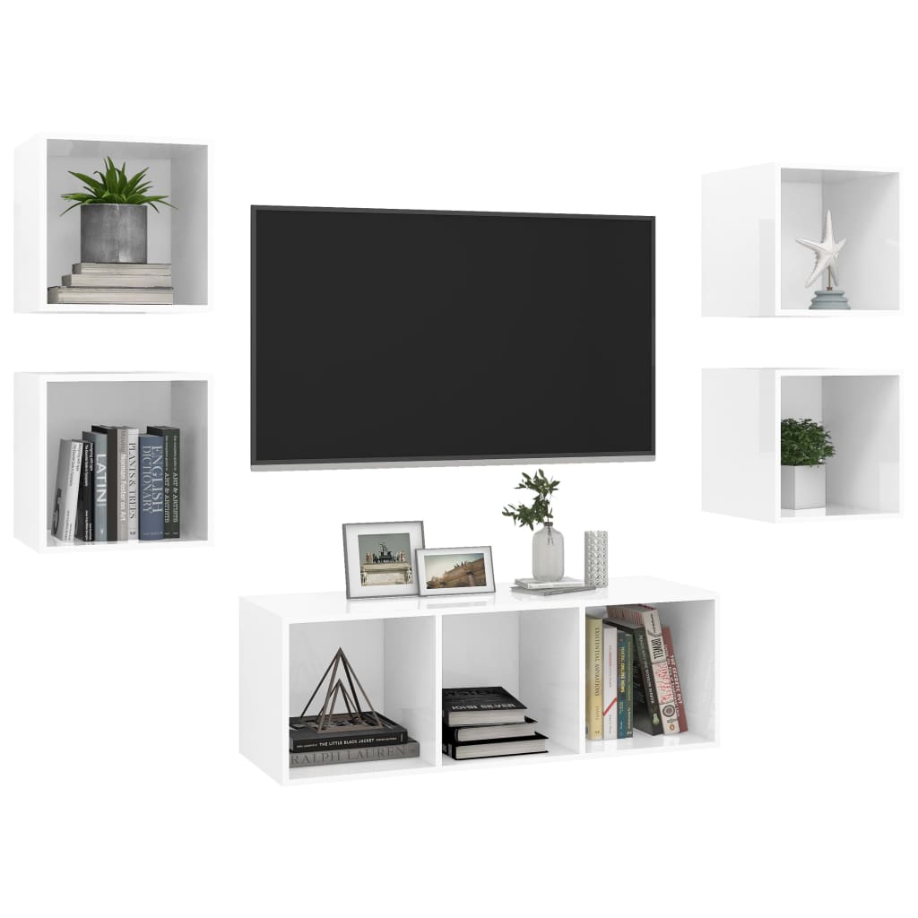 5 pcs conjunto de móveis de TV contraplacado branco brilhante