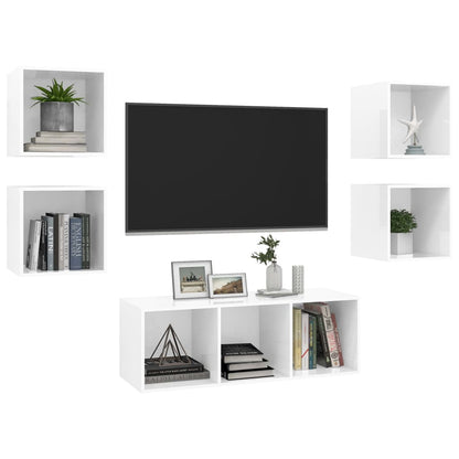 5 pcs conjunto de móveis de TV contraplacado branco brilhante