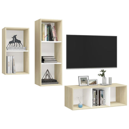 3 pcs conjunto móveis de TV contraplacado branco e carv. sonoma