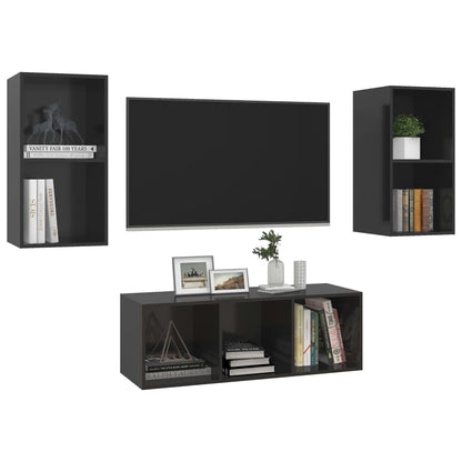 3 pcs conjunto de móveis de TV contraplacado preto brilhante