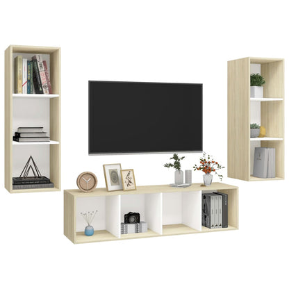 3 pcs conjunto móveis de TV contraplacado branco e carv. sonoma