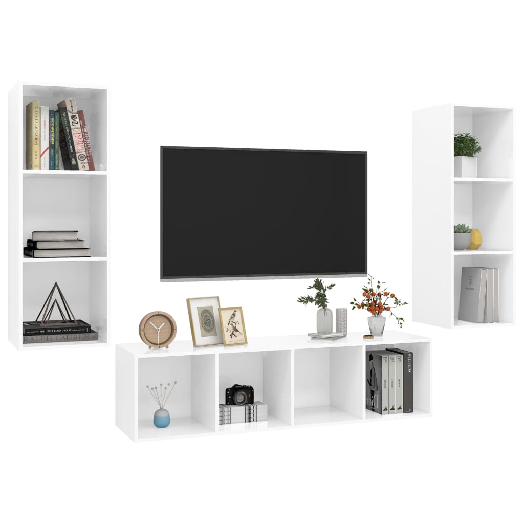 3 pcs conjunto de móveis de TV contraplacado branco brilhante