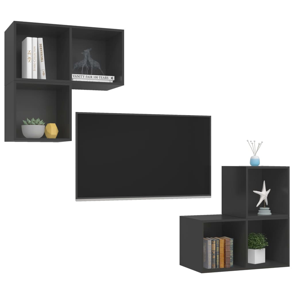 4 pcs conjunto de móveis de TV contraplacado cinzento