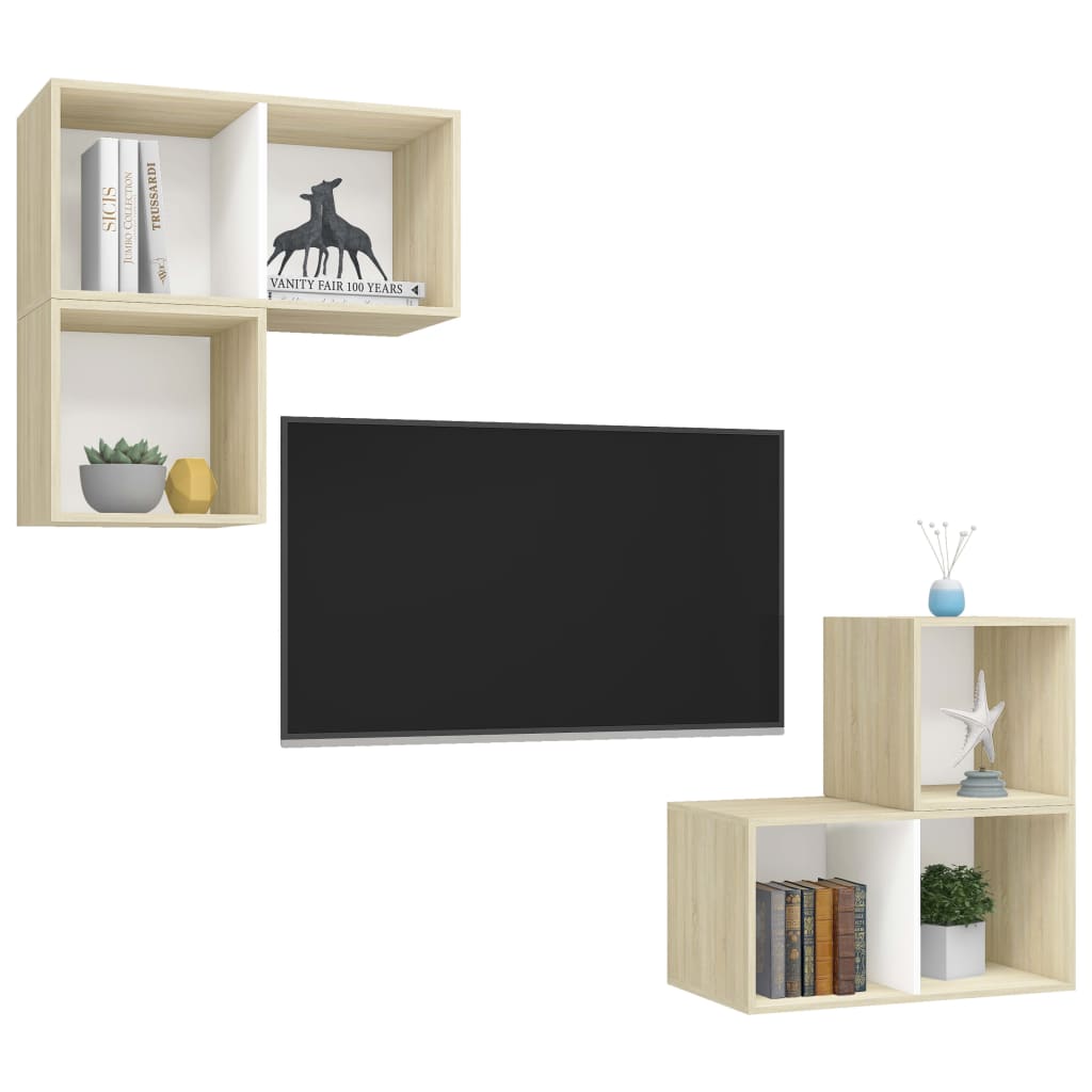 4 pcs conjunto móveis de TV contraplacado branco e carv. sonoma