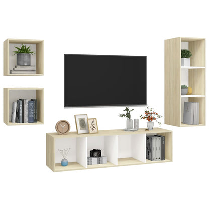 4 pcs conjunto móveis de TV contraplacado branco e carv. sonoma