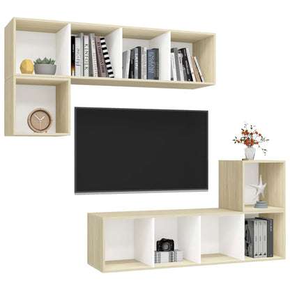 4 pcs conjunto móveis de TV contraplacado branco e carv. sonoma