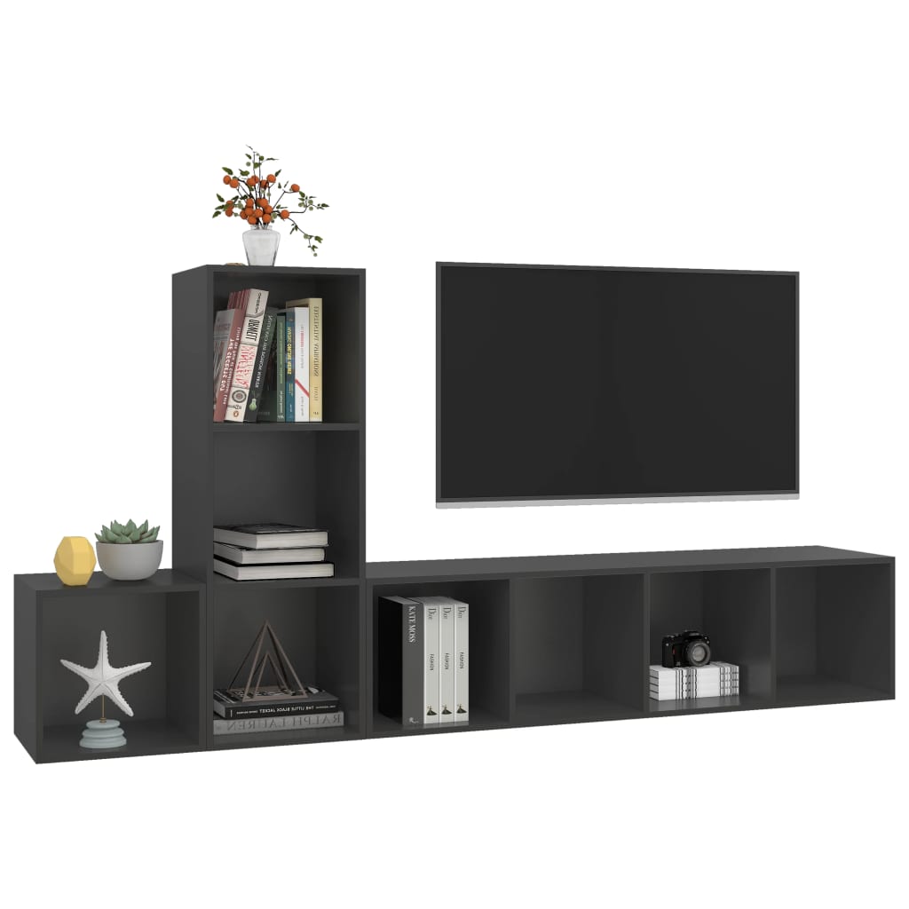 3 pcs conjunto de móveis de TV contraplacado cinzento