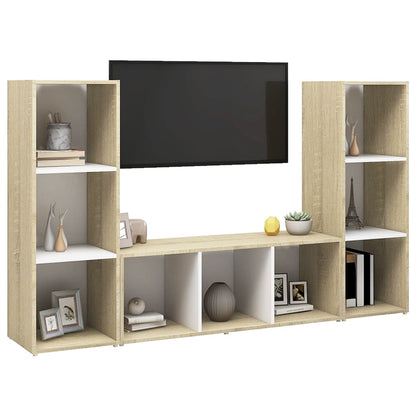 Móveis de TV 3pcs 107x35x37cm contrapl. branco/carvalho sonoma