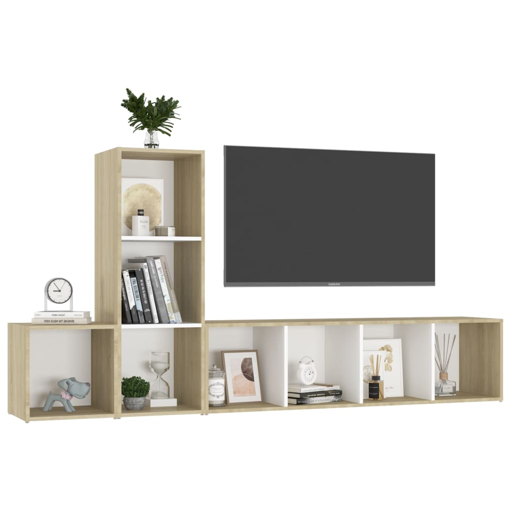 3 pcs conjunto móveis de TV contraplacado branco e carv. sonoma