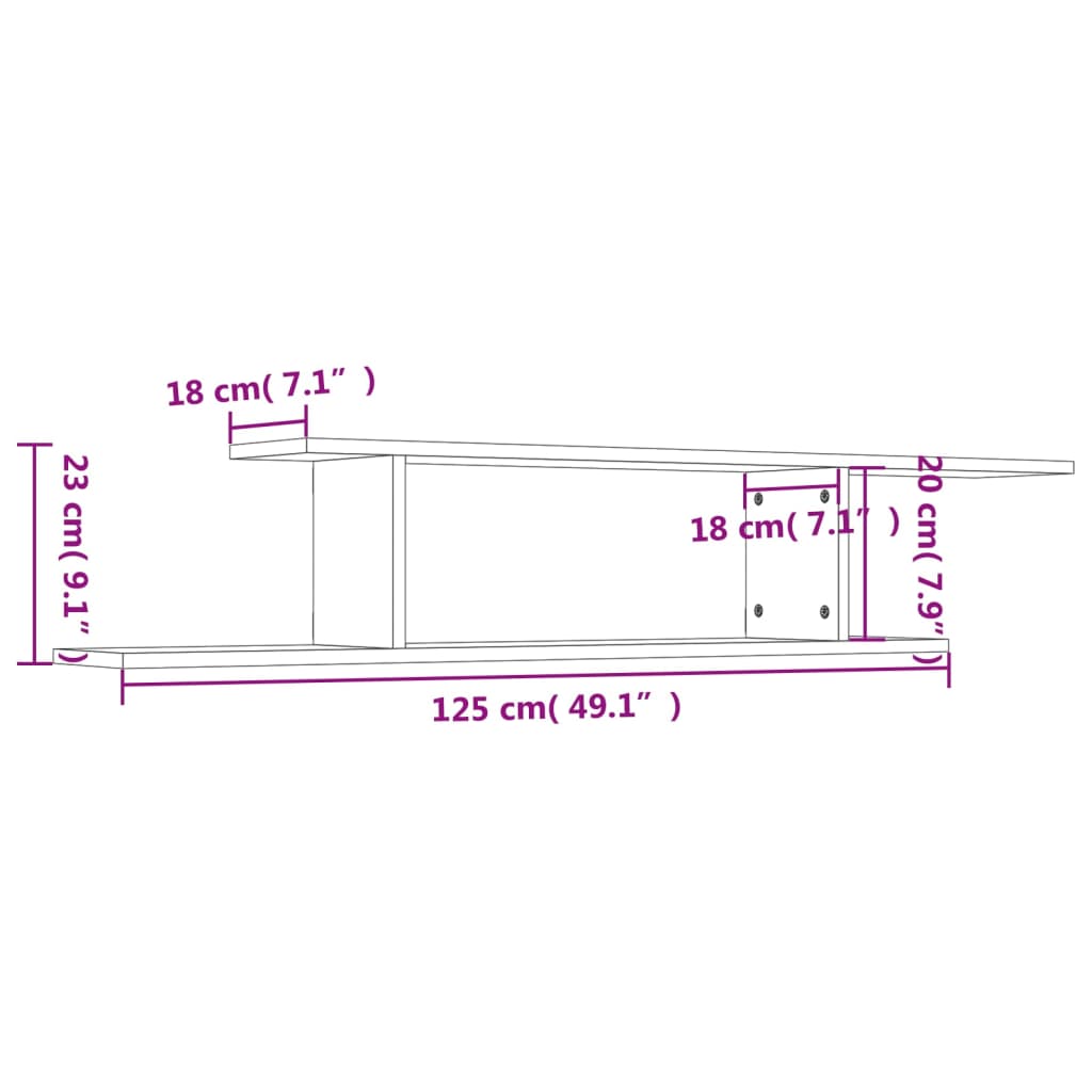 Estante de parede p/ TV 125x18x23 cm contrapl. cinzento cimento