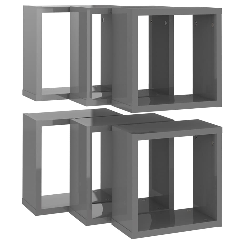 Prateleiras parede forma de cubo 6 pcs 30x15x30 cm cinza brilh.