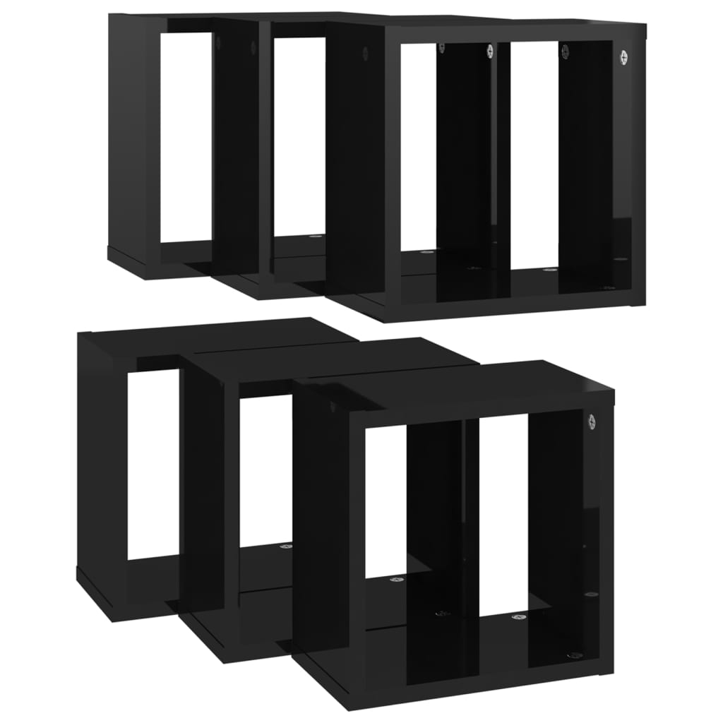 Prateleiras parede forma de cubo 6 pcs 26x15x26 cm preto brilh.