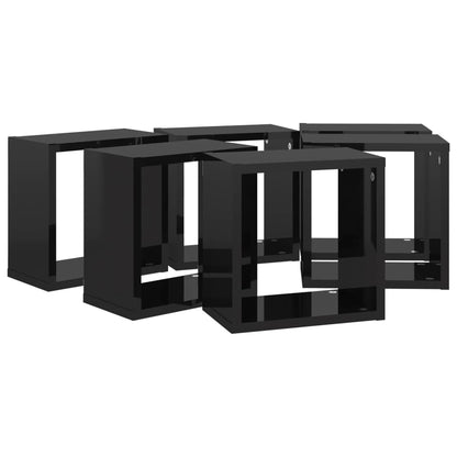 Prateleiras parede forma de cubo 6 pcs 26x15x26 cm preto brilh.