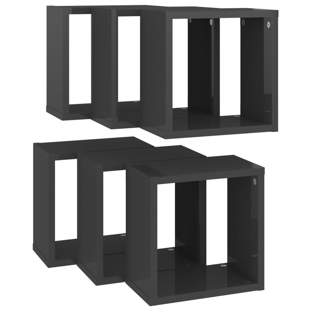 Prateleiras parede forma de cubo 6 pcs 26x15x26 cm cinza brilh.