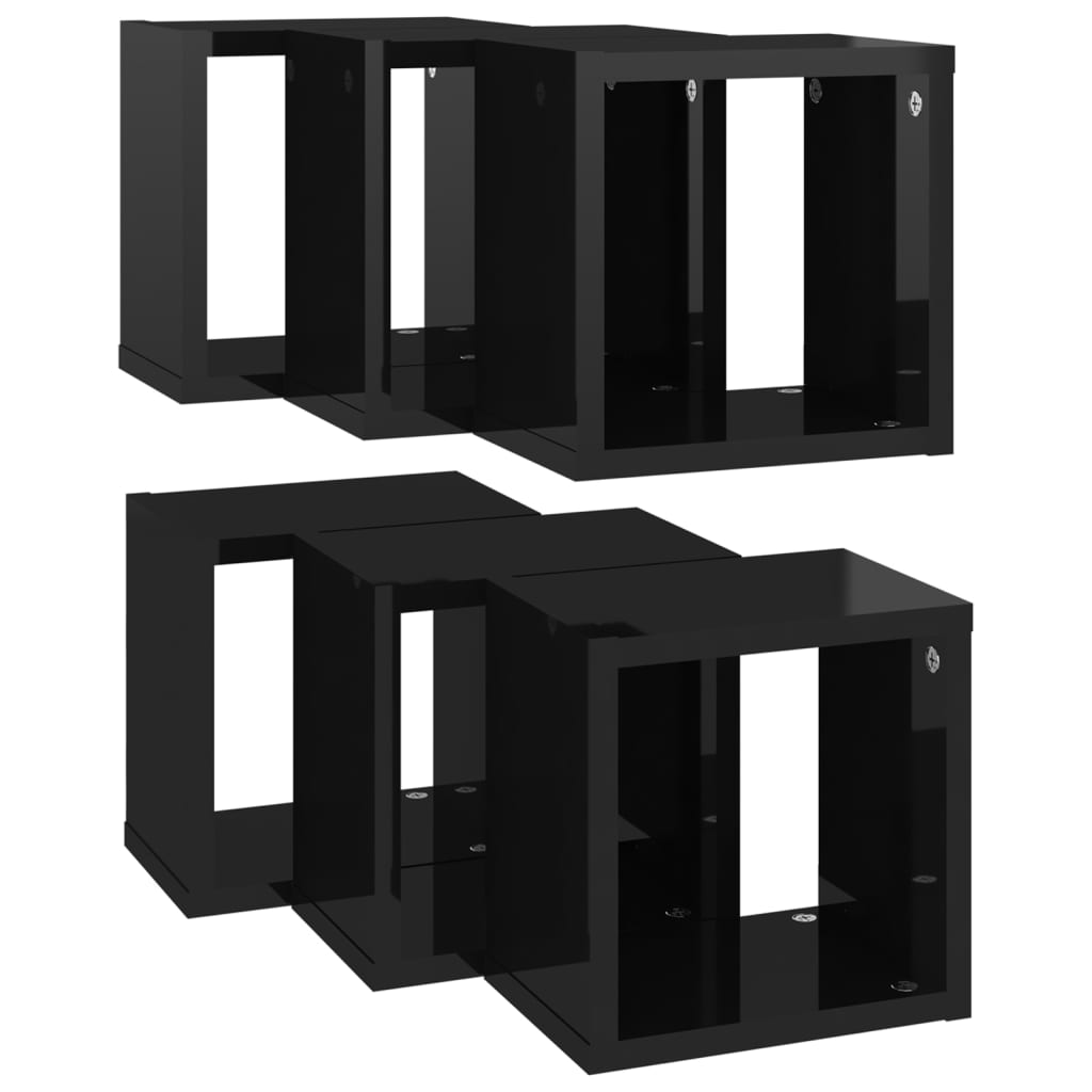 Prateleiras parede forma de cubo 6 pcs 22x15x22 cm preto brilh.