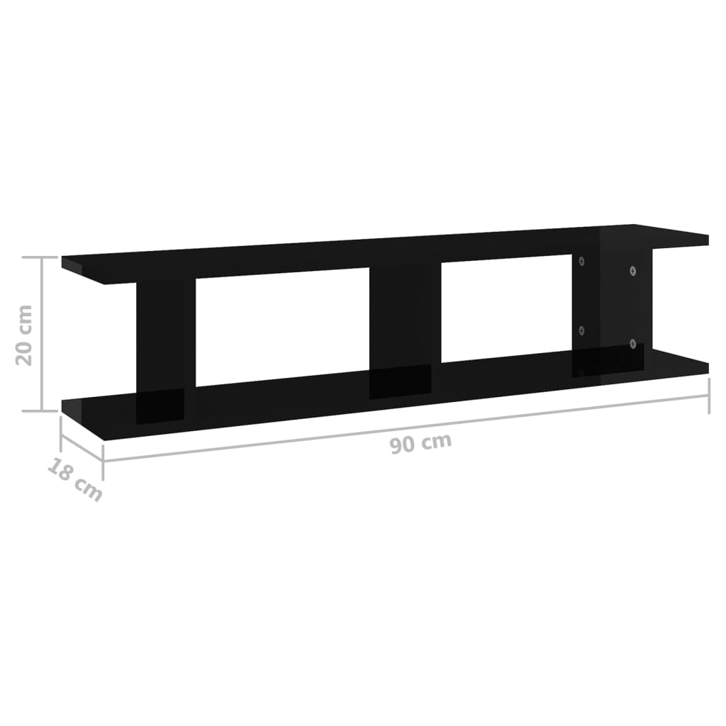 Estantes de parede 2 pcs 90x18x20 cm contrapl. preto brilhante