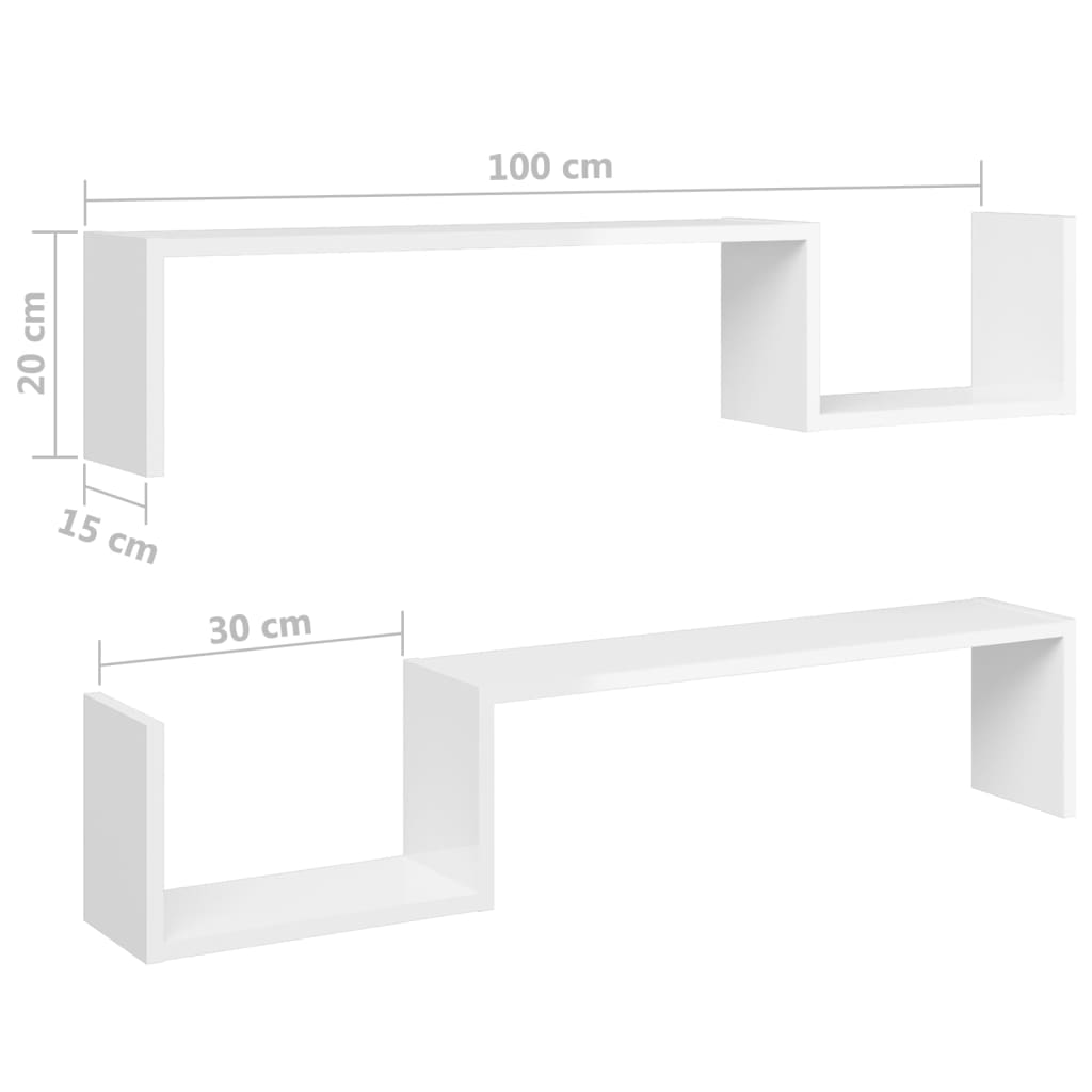 Estantes de parede 2pcs 100x15x20 cm contrapl. branco brilhante