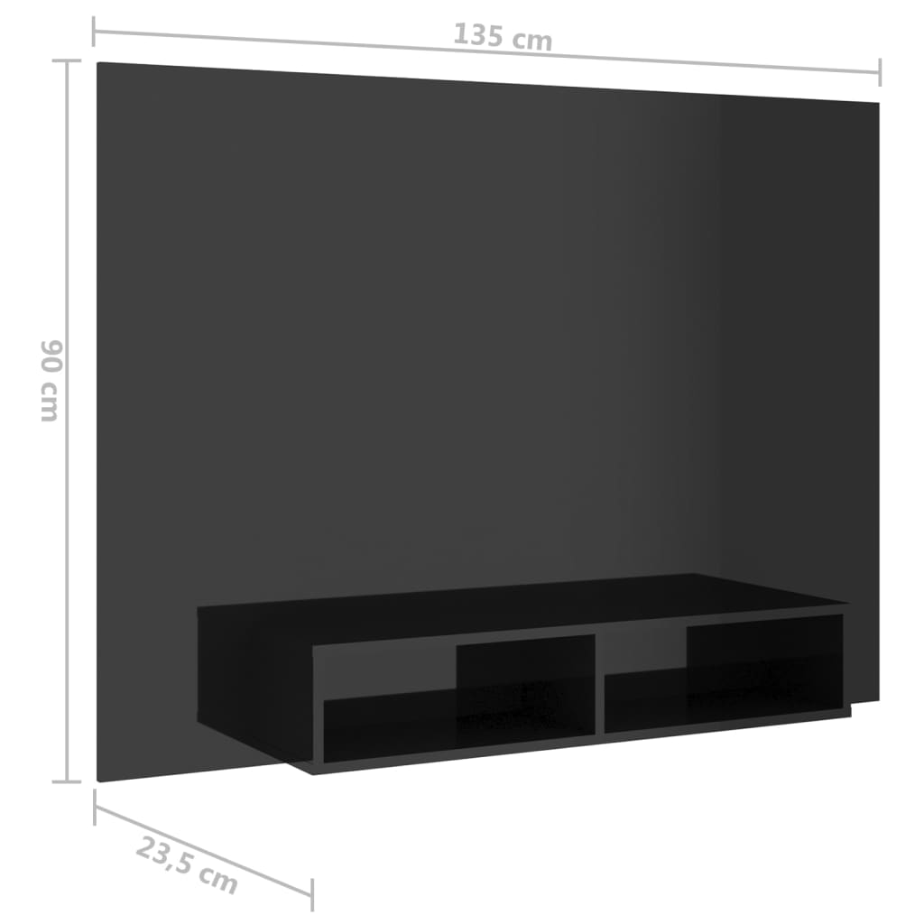 Armário parede p/ TV 135x23,5x90 cm contrapl. preto brilhante