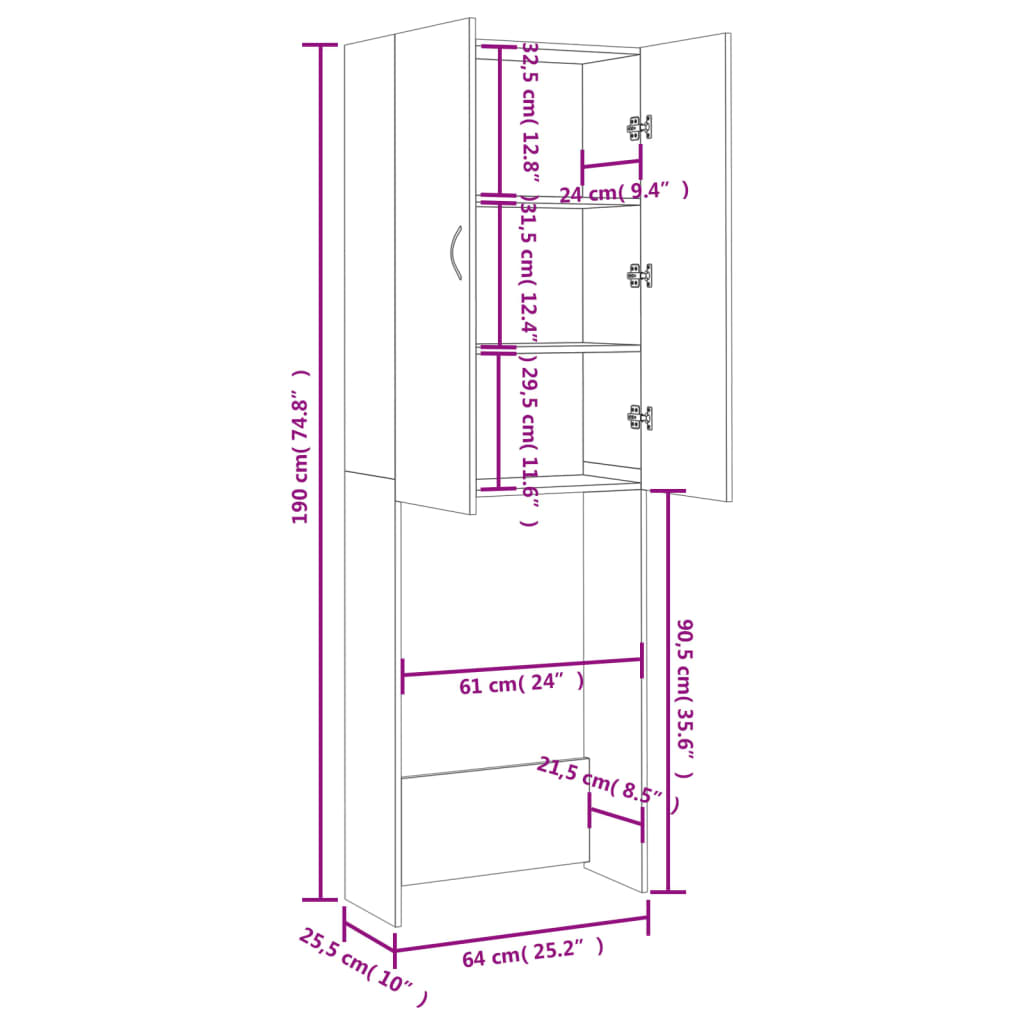 Armário máquina de lavar roupa 64x25,5x190 cm branco