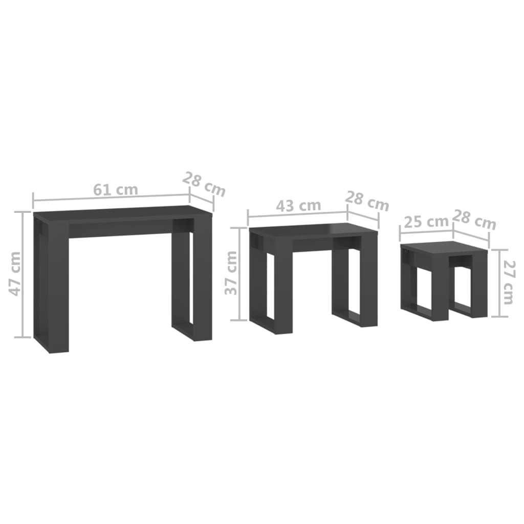 Mesas de encastrar 3 pcs madeira processada cinza brilhante