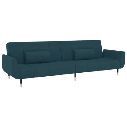 Sofá Cama West de 2 Lugares - Cor Azul - Em Veludo,  Estrutura em Madeira e Pés em Metal - Com 2 Almofadas - 220x84,5-100x69-52 cm - Design Nórdico