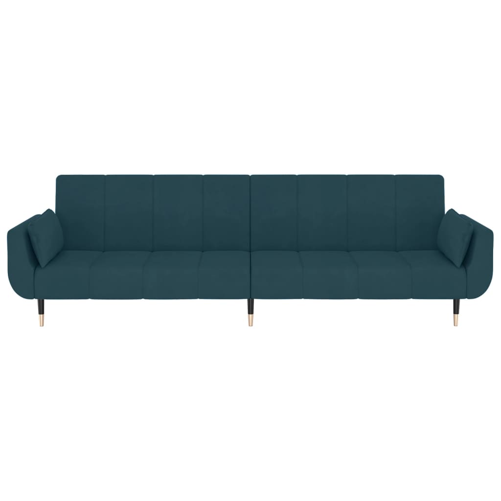 Sofá Cama West de 2 Lugares - Cor Azul - Em Veludo,  Estrutura em Madeira e Pés em Metal - Com 2 Almofadas - 220x84,5-100x69-52 cm - Design Nórdico