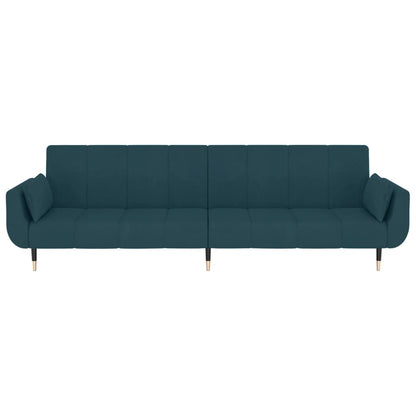 Sofá Cama West de 2 Lugares - Cor Azul - Em Veludo,  Estrutura em Madeira e Pés em Metal - Com 2 Almofadas - 220x84,5-100x69-52 cm - Design Nórdico