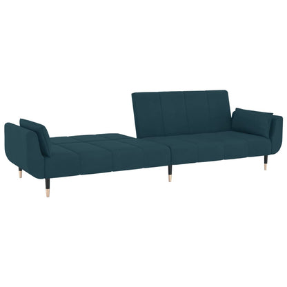 Sofá Cama West de 2 Lugares - Cor Azul - Em Veludo,  Estrutura em Madeira e Pés em Metal - Com 2 Almofadas - 220x84,5-100x69-52 cm - Design Nórdico