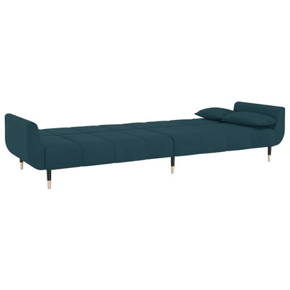 Sofá Cama West de 2 Lugares - Cor Azul - Em Veludo,  Estrutura em Madeira e Pés em Metal - Com 2 Almofadas - 220x84,5-100x69-52 cm - Design Nórdico