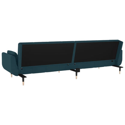 Sofá Cama West de 2 Lugares - Cor Azul - Em Veludo,  Estrutura em Madeira e Pés em Metal - Com 2 Almofadas - 220x84,5-100x69-52 cm - Design Nórdico