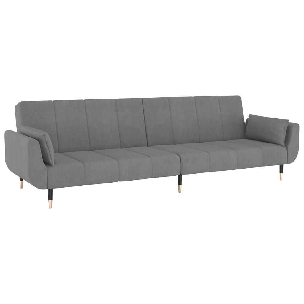 Sofá Cama West de 2 Lugares - Cor Cinzento Claro - Em Veludo,  Estrutura em Madeira e Pés em Metal - Com 2 Almofadas - 220x84,5-100x69-52 cm - Design Nórdico