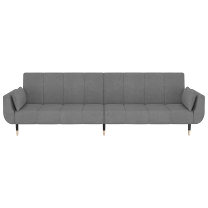 Sofá Cama West de 2 Lugares - Cor Cinzento Claro - Em Veludo,  Estrutura em Madeira e Pés em Metal - Com 2 Almofadas - 220x84,5-100x69-52 cm - Design Nórdico