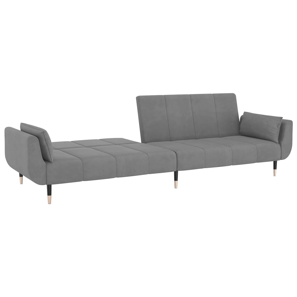 Sofá Cama West de 2 Lugares - Cor Cinzento Claro - Em Veludo,  Estrutura em Madeira e Pés em Metal - Com 2 Almofadas - 220x84,5-100x69-52 cm - Design Nórdico