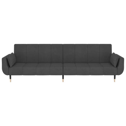 Sofá Cama de 2 Lugares West - Cor Cinzento Escuro - Em Veludo,  Estrutura em Madeira e Pés em Metal - Com 2 Almofadas - 220x84,5-100x69-52 cm - Design Nórdico