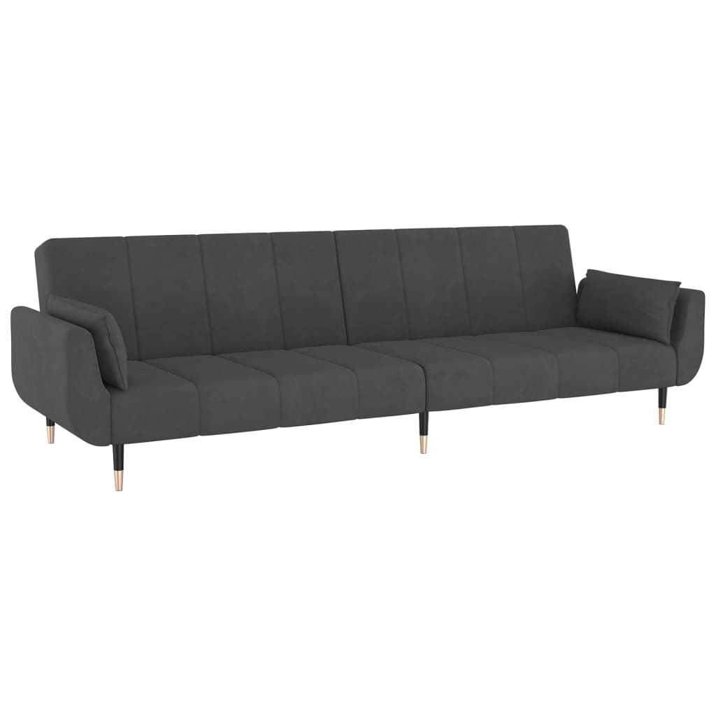 Sofá Cama de 2 Lugares West - Cor Cinzento Escuro - Em Veludo,  Estrutura em Madeira e Pés em Metal - Com 2 Almofadas - 220x84,5-100x69-52 cm - Design Nórdico