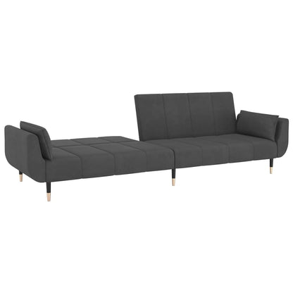 Sofá Cama de 2 Lugares West - Cor Cinzento Escuro - Em Veludo,  Estrutura em Madeira e Pés em Metal - Com 2 Almofadas - 220x84,5-100x69-52 cm - Design Nórdico