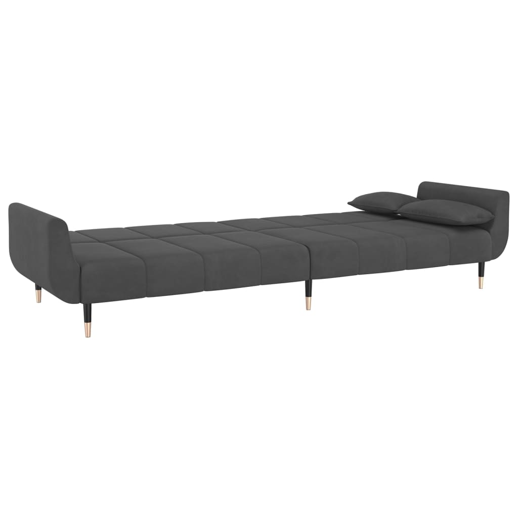 Sofá Cama de 2 Lugares West - Cor Cinzento Escuro - Em Veludo,  Estrutura em Madeira e Pés em Metal - Com 2 Almofadas - 220x84,5-100x69-52 cm - Design Nórdico