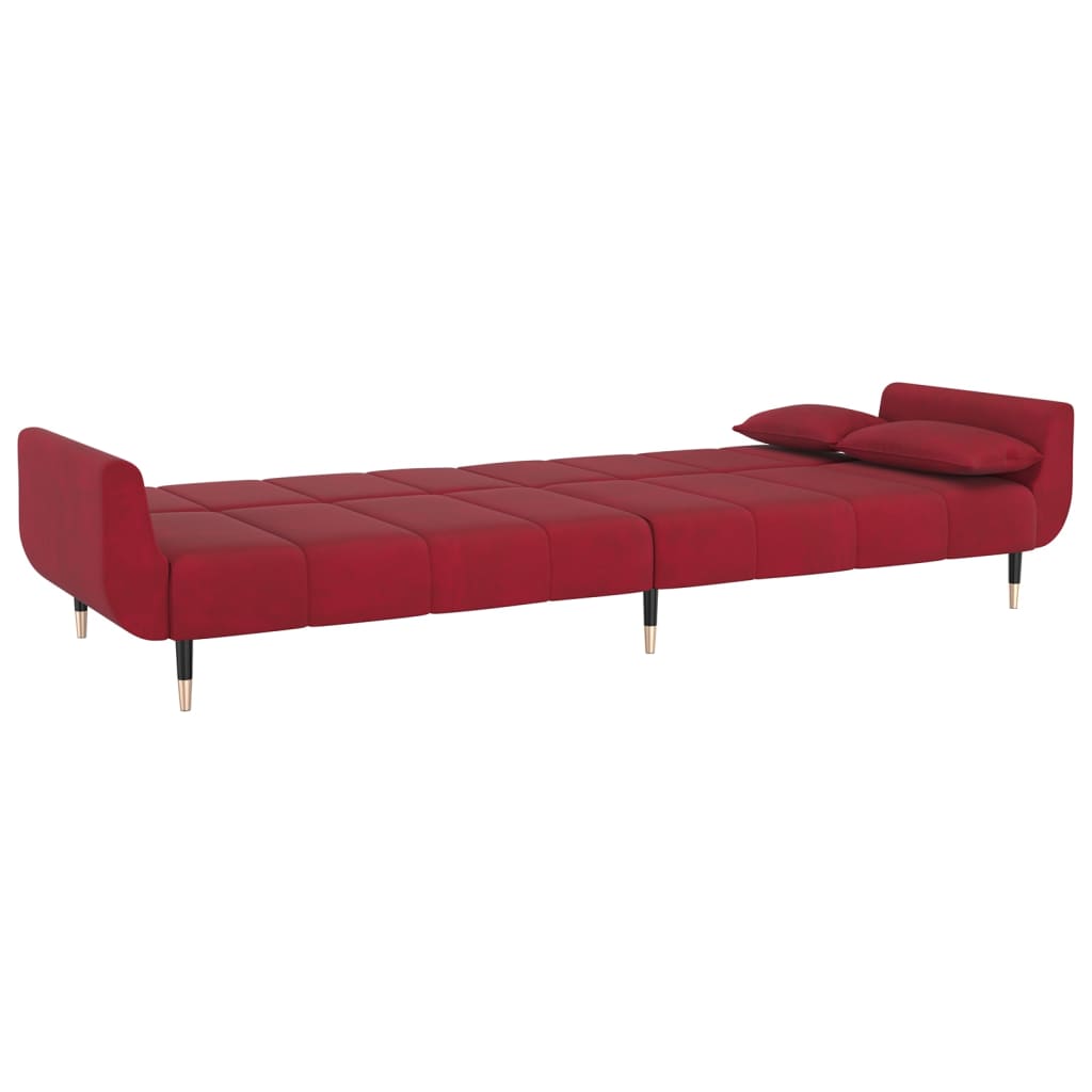 Sofá-cama 2 lugares com duas almofadas veludo vermelho tinto