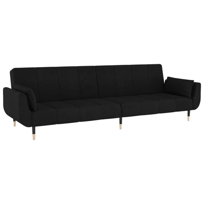 Sofá Cama de 2 Lugares West - Cor Preto - Em Veludo,  Estrutura em Madeira e Pés em Metal - Com 2 Almofadas - 220x84,5-100x69-52 cm - Design Nórdico